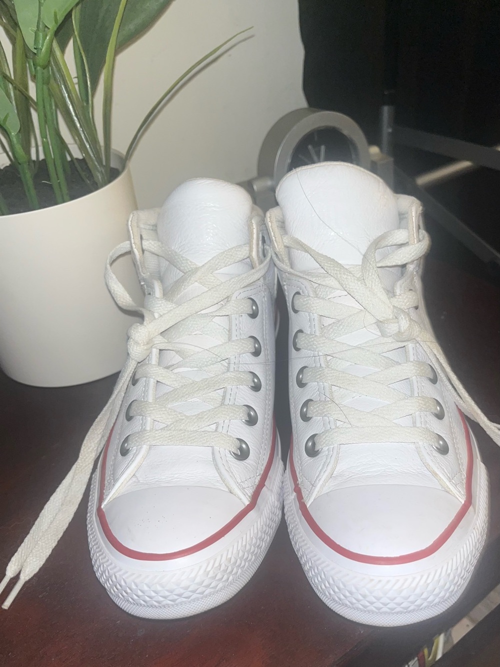 Unisex-Women Men - Converse White High-Top Sneakers with Red Accent